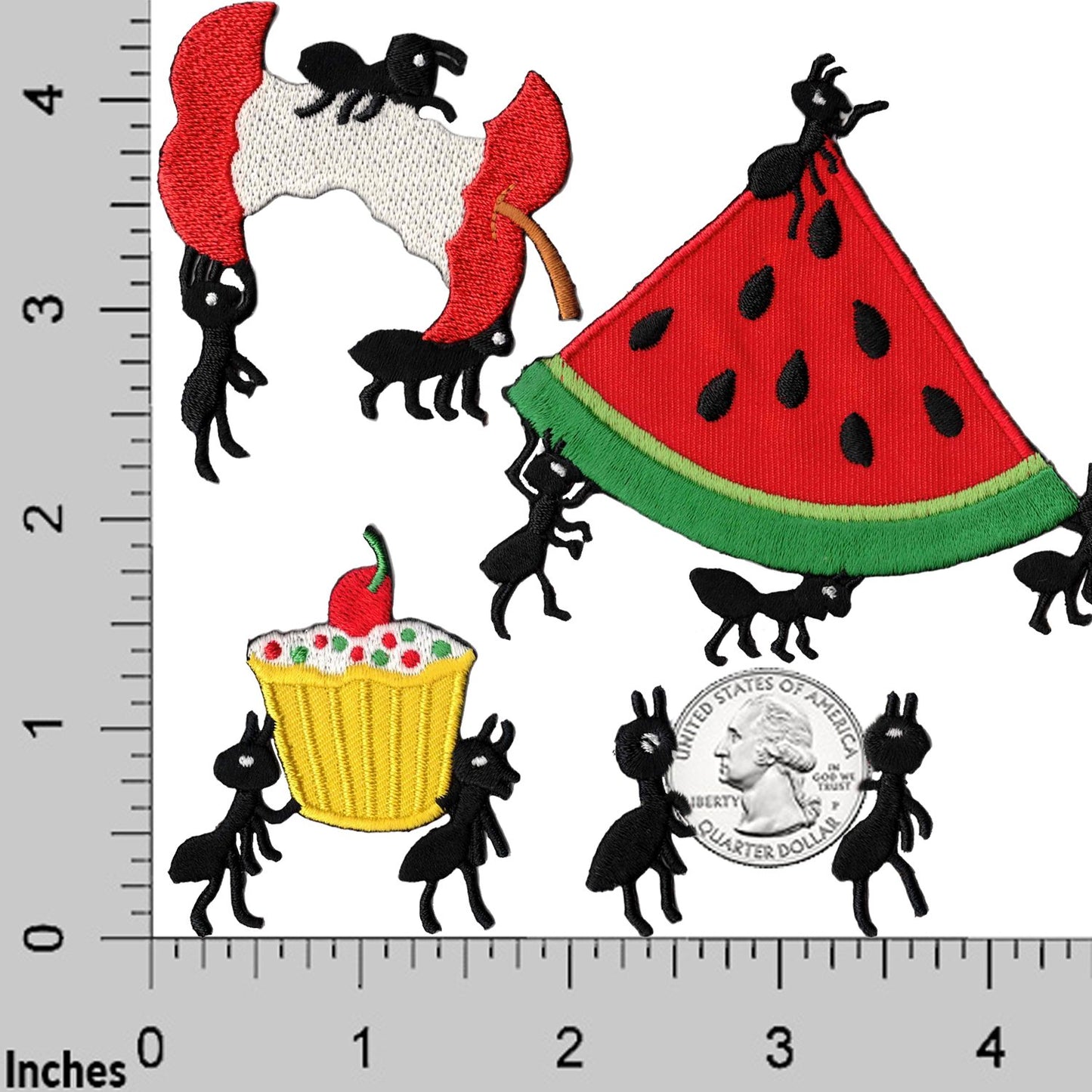 Ants Thieving A Picnic Iron On Patch Set and watermelon appliques with a ruler.