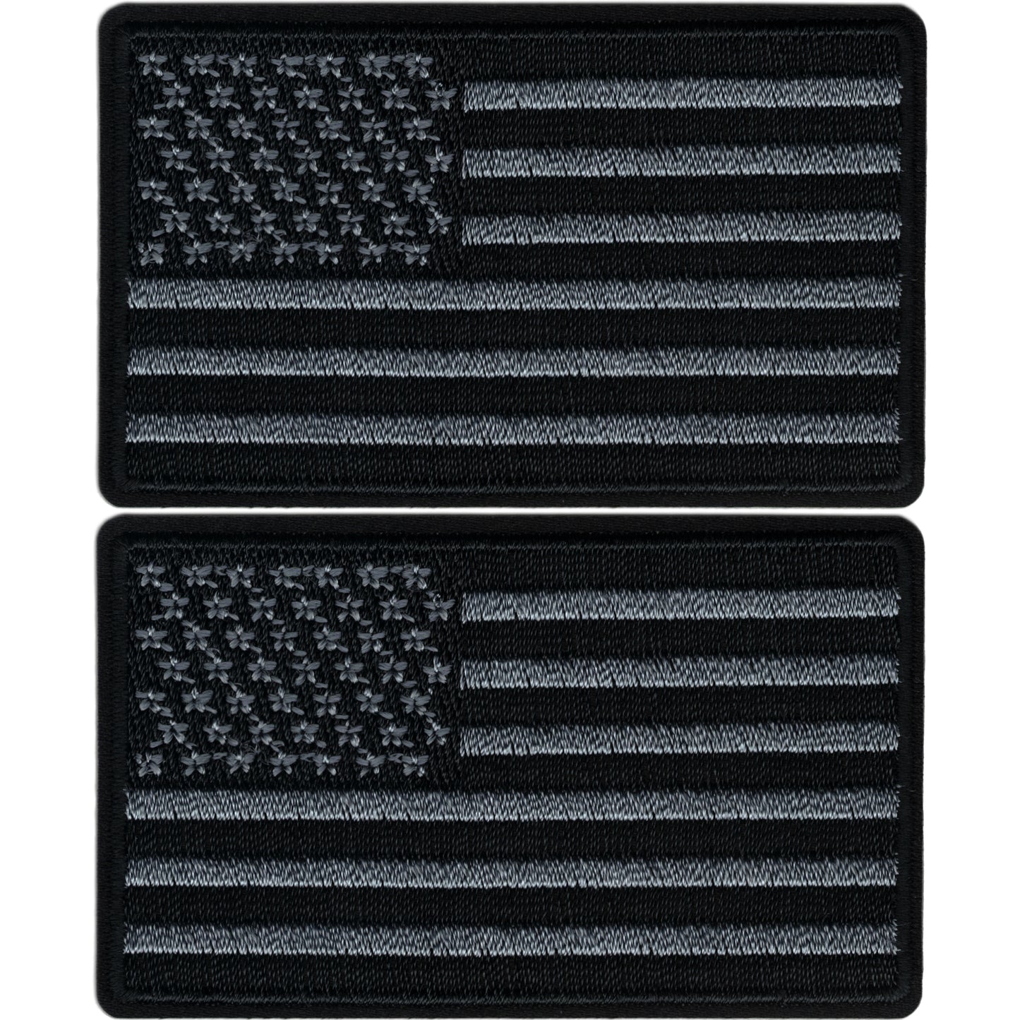 The Laughing Lizards Black & Gray USA Flag Patches 2-Pack features embroidered American flag iron-on appliques—perfect patriotic additions for any collection.