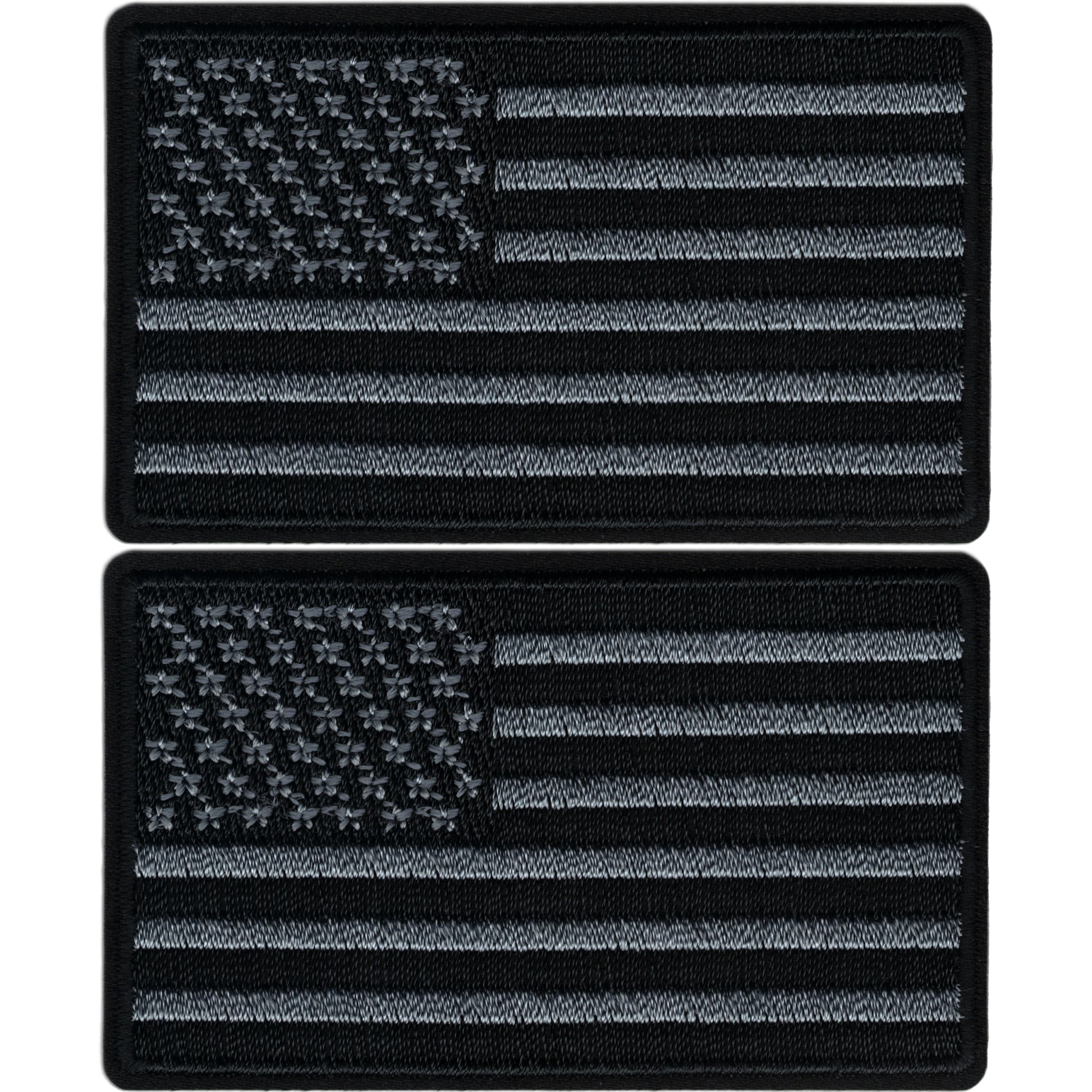 The Laughing Lizards Black & Gray USA Flag Patches 2-Pack features embroidered American flag iron-on appliques—perfect patriotic additions for any collection.