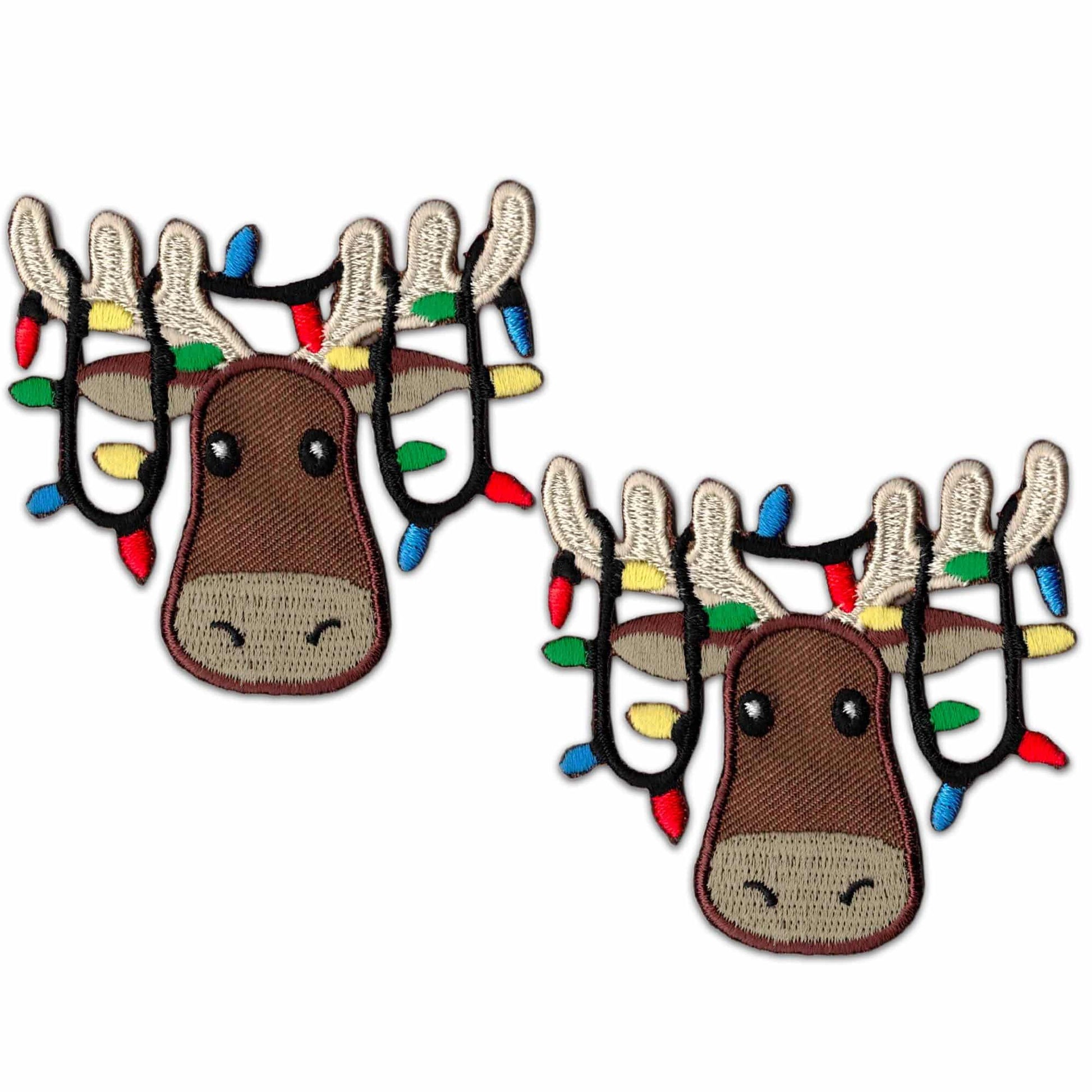 Two Reindeer with Lights Patches (2 Pack) Christmas Embroidered Iron On Patch Applique on their heads.