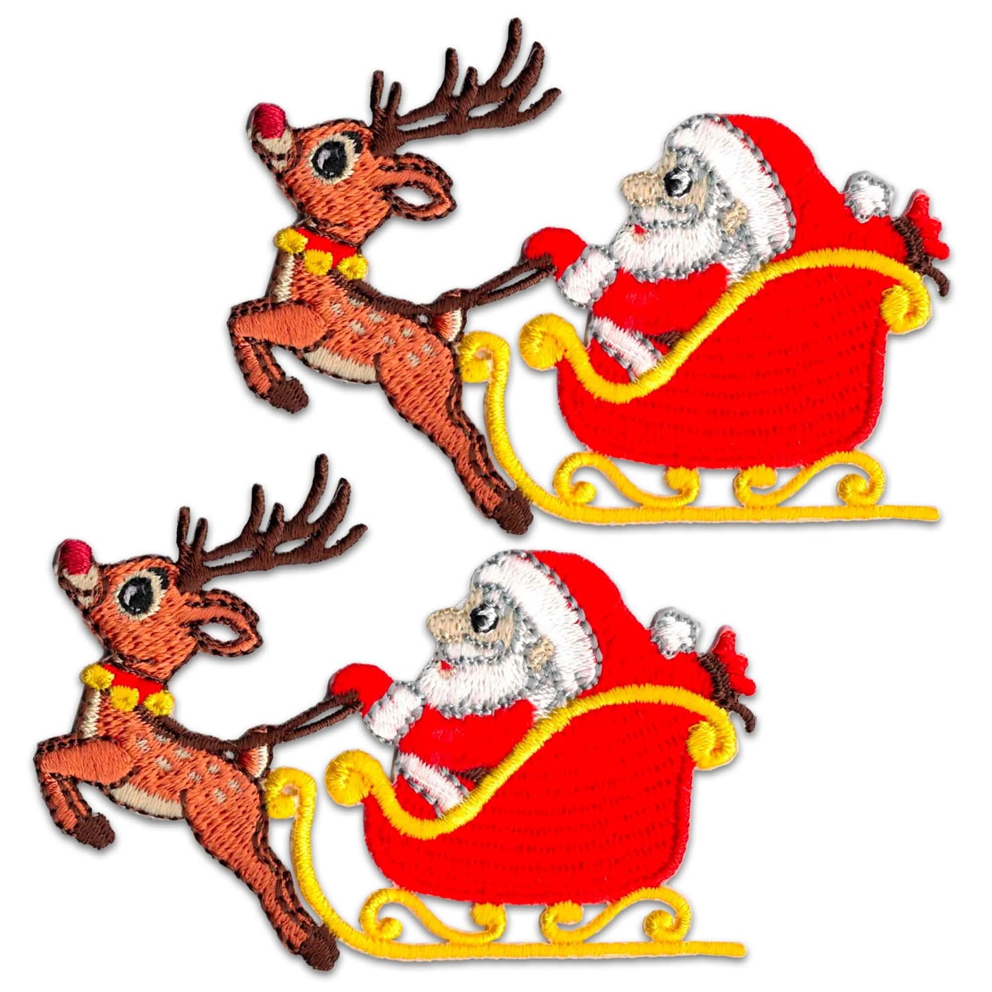 The Laughing Lizards Santas Sled (2 Pack) Christmas Embroidered Iron on Patch Applique features two identical patches showing Santa in his red sleigh pulled by a reindeer, stacked one above the other.