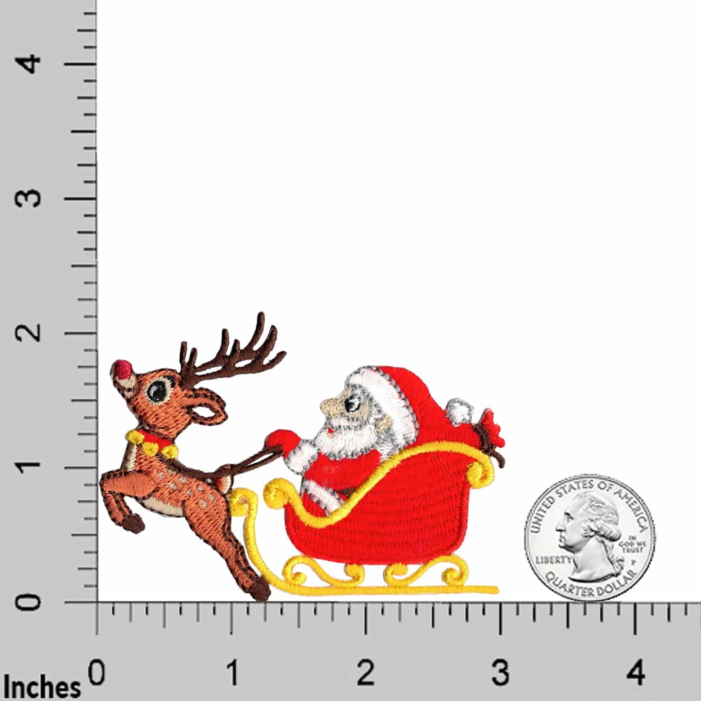 Laughing Lizards’ Santas Sled (2 Pack) Christmas Embroidered Iron on Patch features Santa in a red sleigh with a reindeer. Shown beside a ruler and quarter for scale, these festive appliques are ideal for stockings, jackets, or gifts.