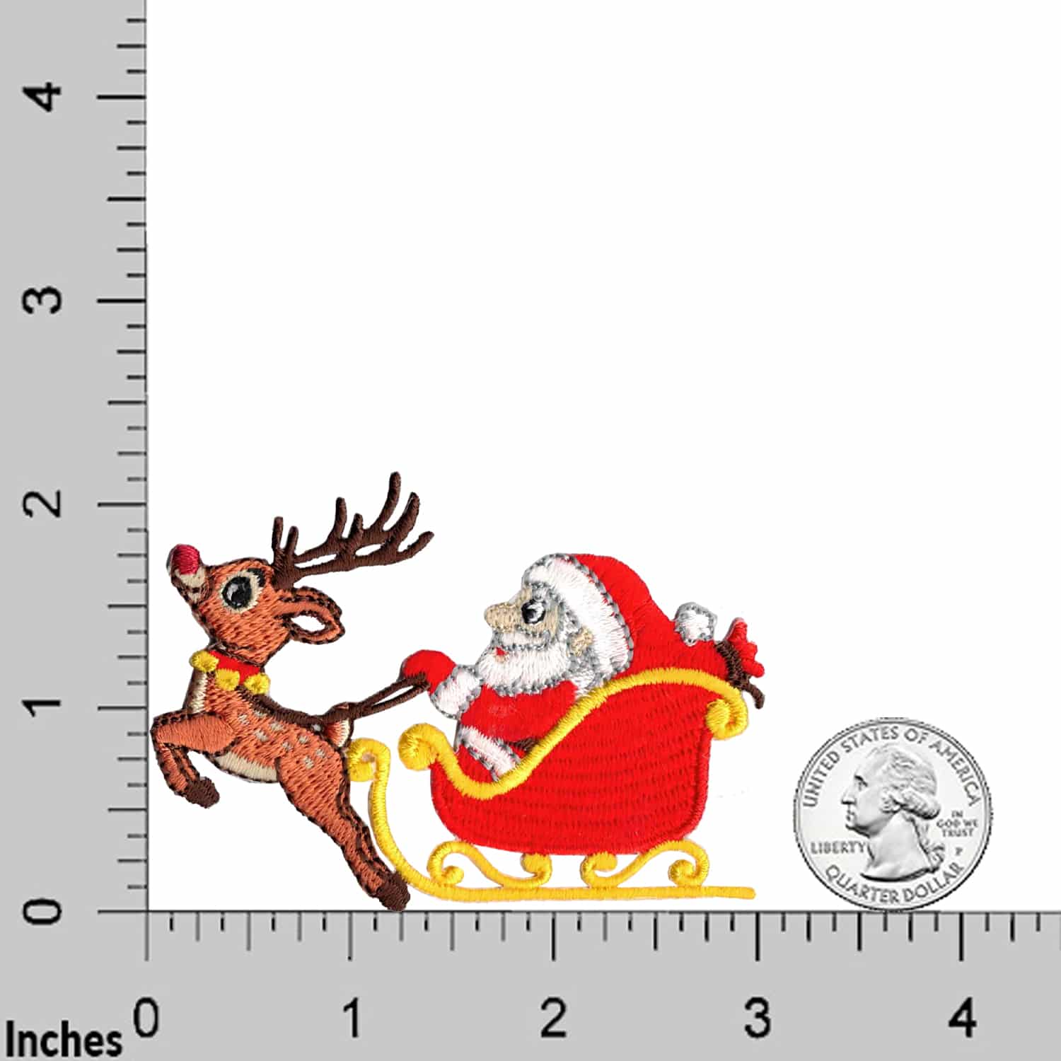 Laughing Lizards’ Santas Sled (2 Pack) Christmas Embroidered Iron on Patch features Santa in a red sleigh with a reindeer. Shown beside a ruler and quarter for scale, these festive appliques are ideal for stockings, jackets, or gifts.