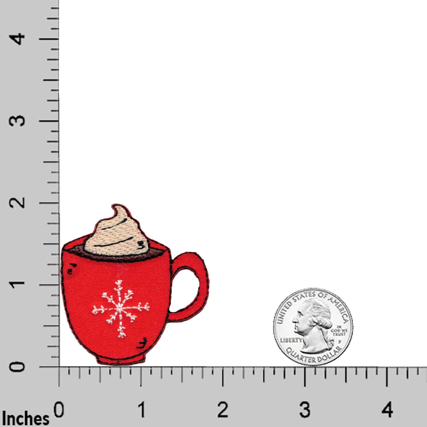The Hot Chocolate (3 Pack) Christmas Embroidered Iron on Patch Applique by Laughing Lizards features a small red mug with snowflake and whipped topping, shown next to a U.S. quarter on an inch-marked ruler grid for scale.