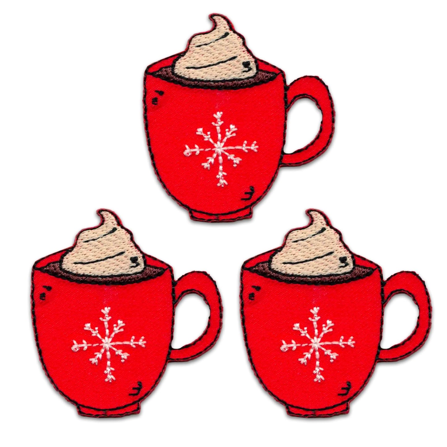 The Laughing Lizards Hot Chocolate (3 Pack) Christmas Embroidered Iron on Patch Applique features three red mugs with white snowflakes and whipped cream—perfect for festive holiday decorating.