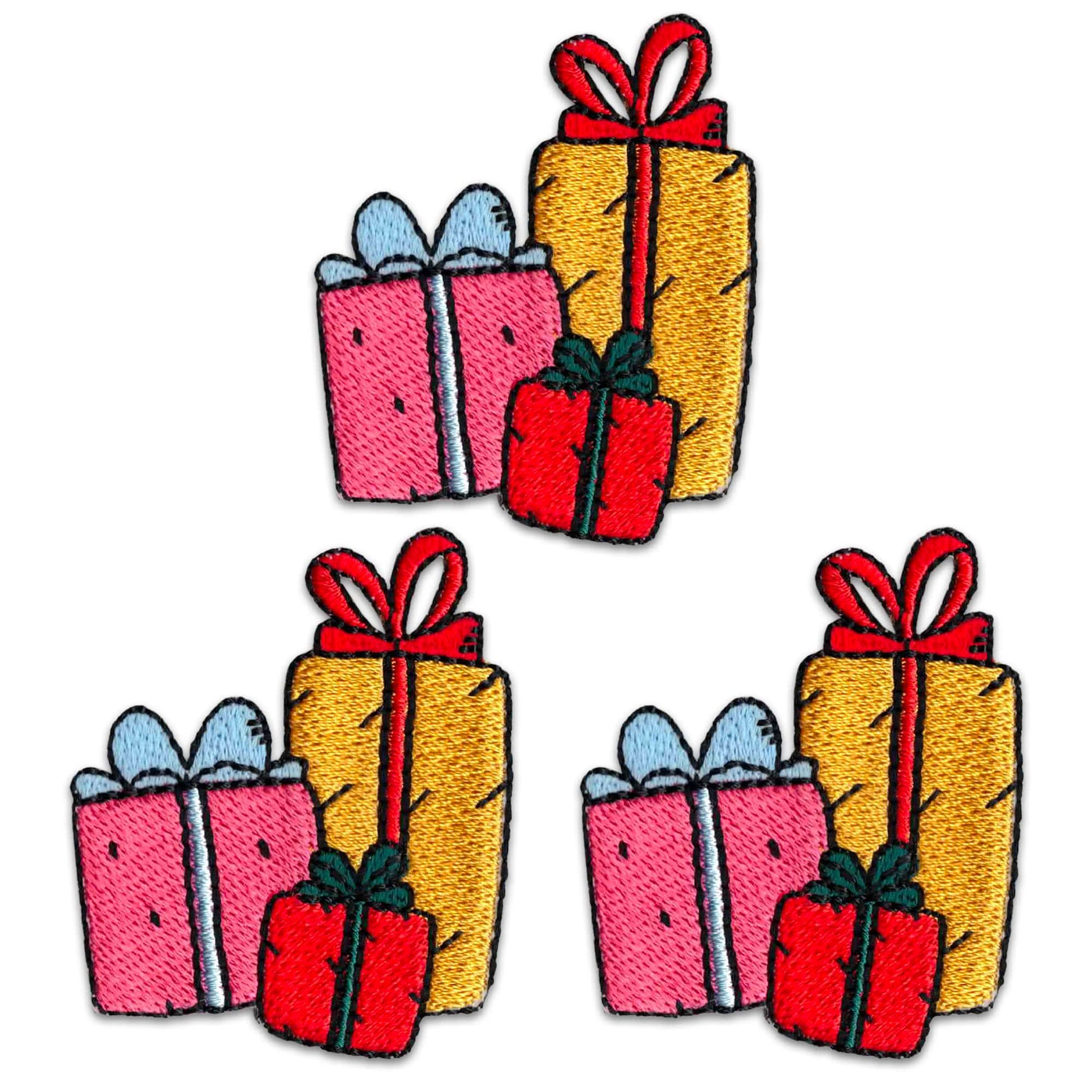 Laughing Lizards Christmas Presents (3 Pack) embroidered iron-on patches feature pink, yellow, and red gift boxes with bows on white—perfect festive appliques for holiday projects.