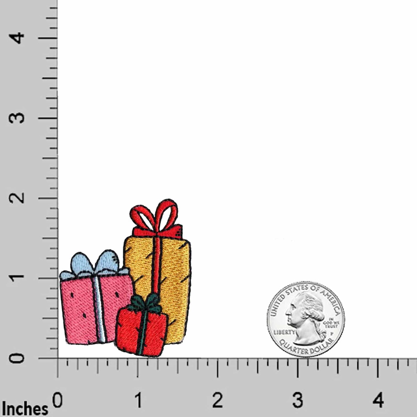 Laughing Lizards Christmas Presents (3 Pack) Embroidered Iron on Patch Applique in pink, yellow, and red shown beside a US quarter and inch ruler for size—perfect festive decorations or holiday DIY projects.