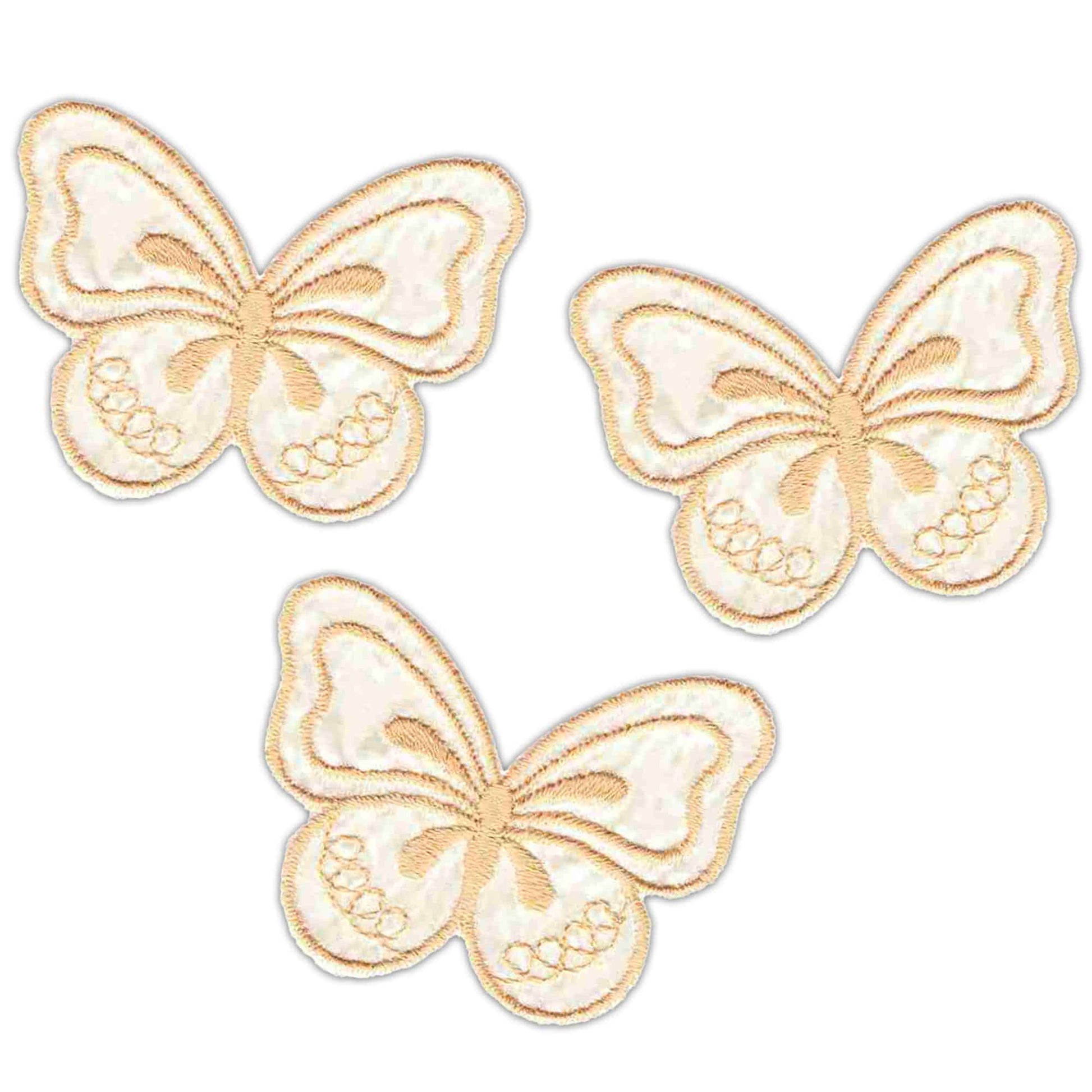 The LaughingLizards Tan and Off-White Satin Vintage Butterfly Iron on Patch 3-Pack features three embroidered butterfly patches displayed on a white background.