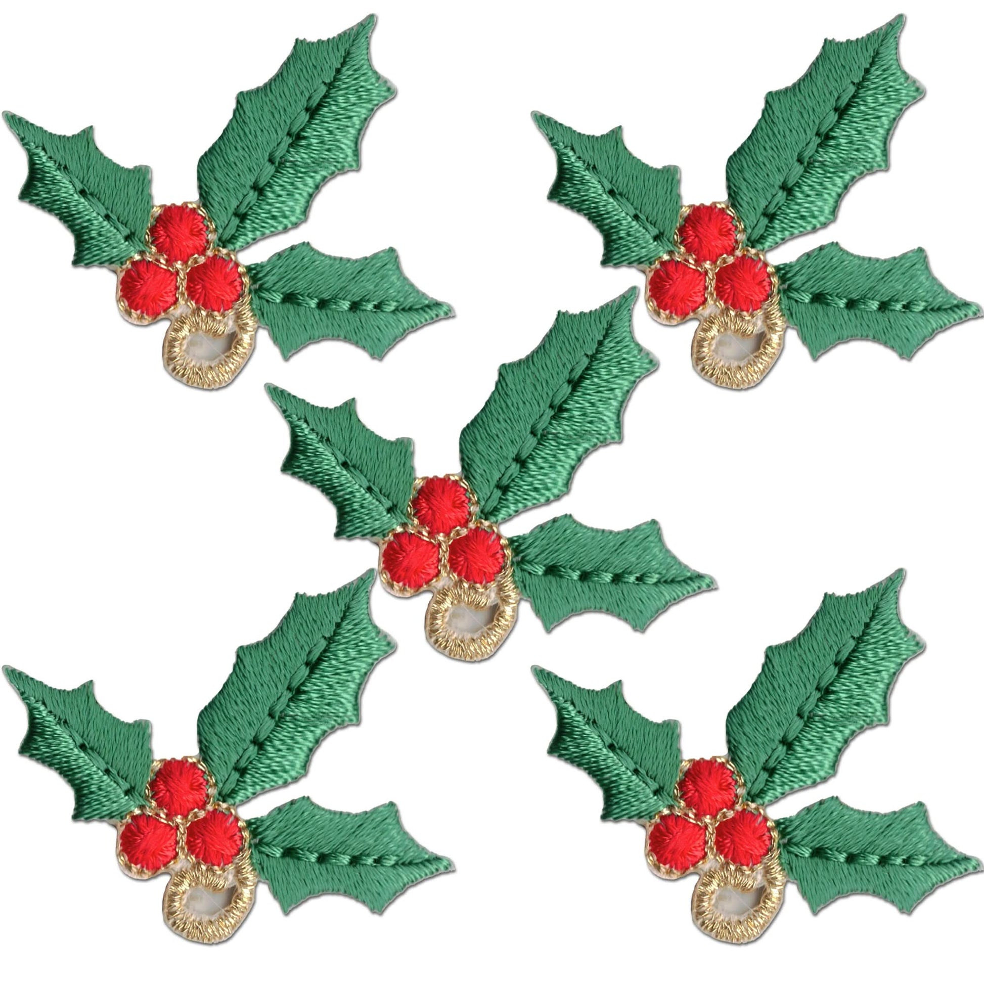 Laughing Lizards Christmas Holly Patches (5 Pack) are embroidered iron-on appliques with green leaves, red berries, and gold accents on white—perfect festive decor for the holidays.