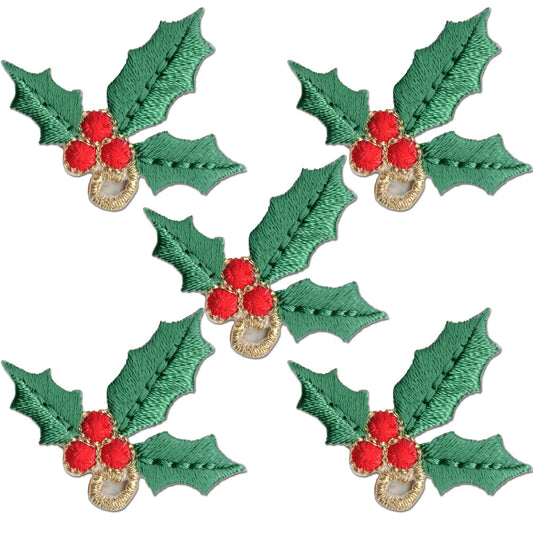 Laughing Lizards Christmas Holly Patches (5 Pack) are embroidered iron-on appliques with green leaves, red berries, and gold accents on white—perfect festive decor for the holidays.