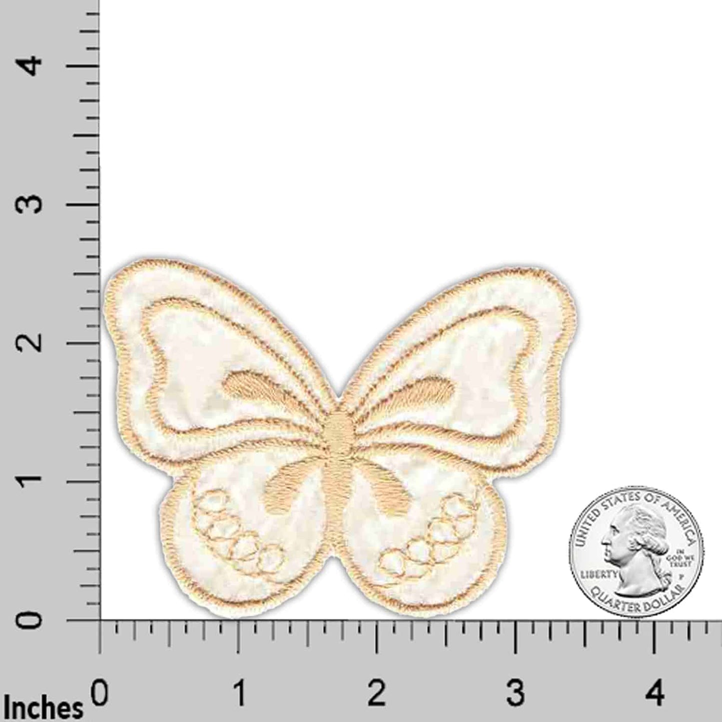 A Tan and Off-White Satin Vintage Butterfly (3-Pack) Iron on Patch by LaughingLizards is shown beside a U.S. quarter and an inch ruler for size reference.