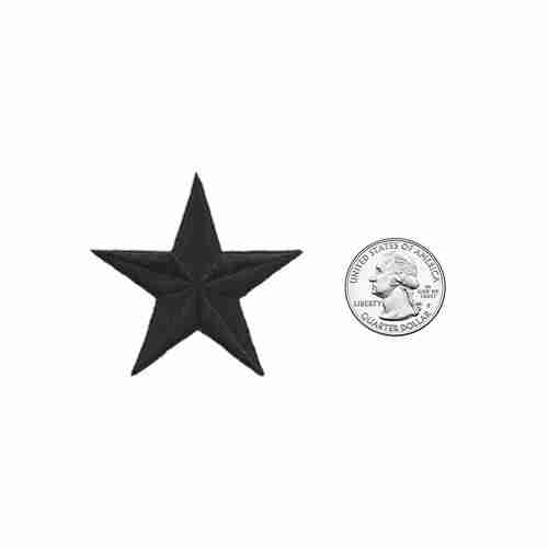 A black 2 Inch Star Iron on Patch (5 Pack) with a dime next to it.