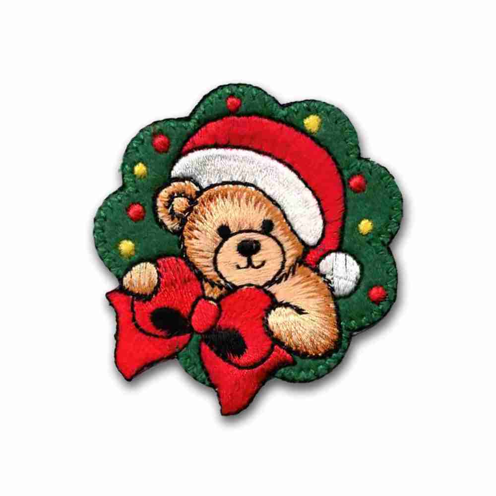 A Christmas Bear Patches (2-Pack) Christmas Embroidered Iron on Patch wearing a santa hat.