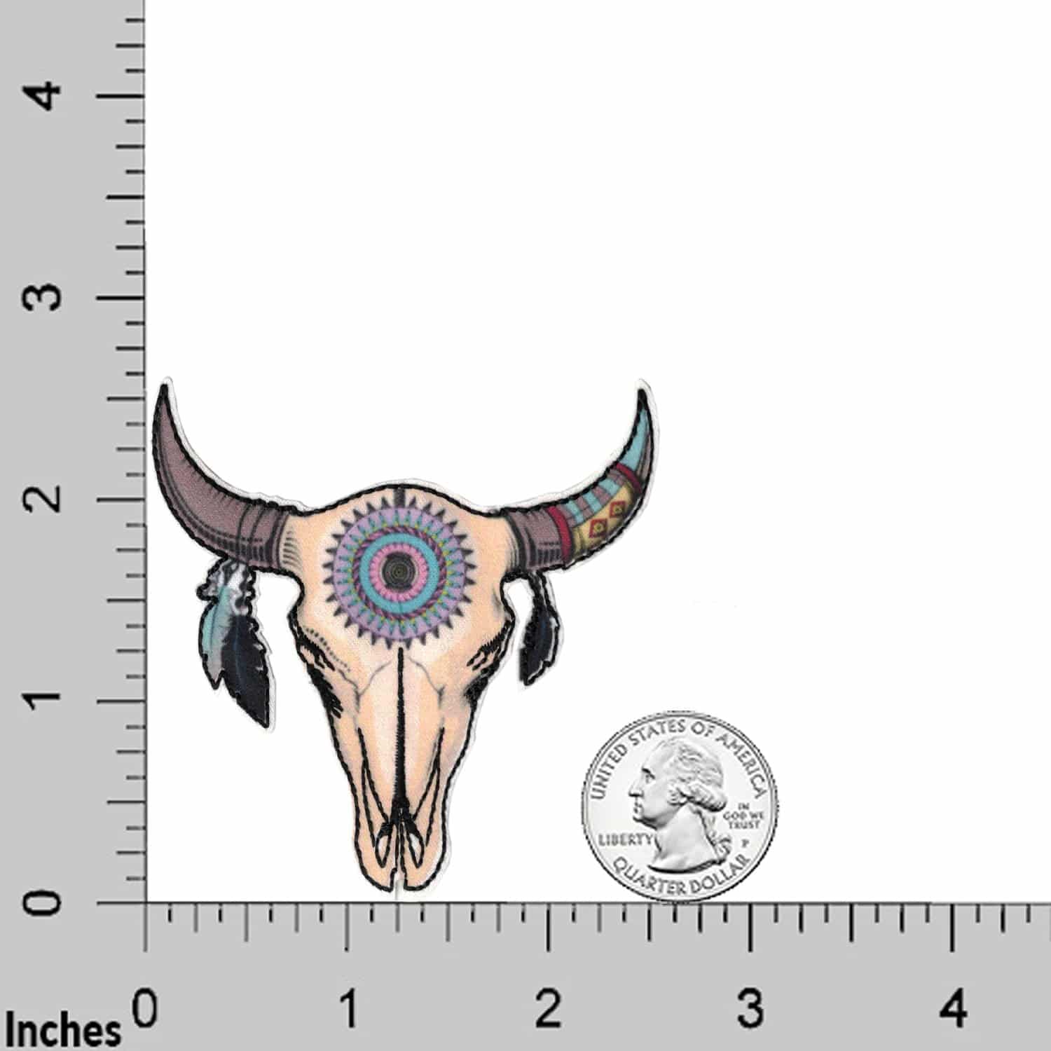A Longhorn Patch - Boho Tribal Steer Cow Skull Iron on Patch with feathers and a ruler next to it.