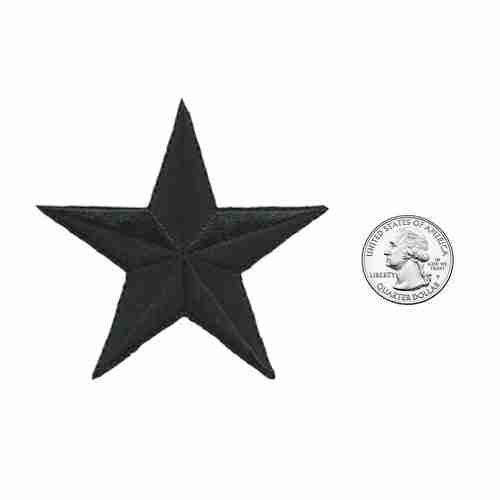 A black 3 Inch Iron on Star Patch with a dime next to it.