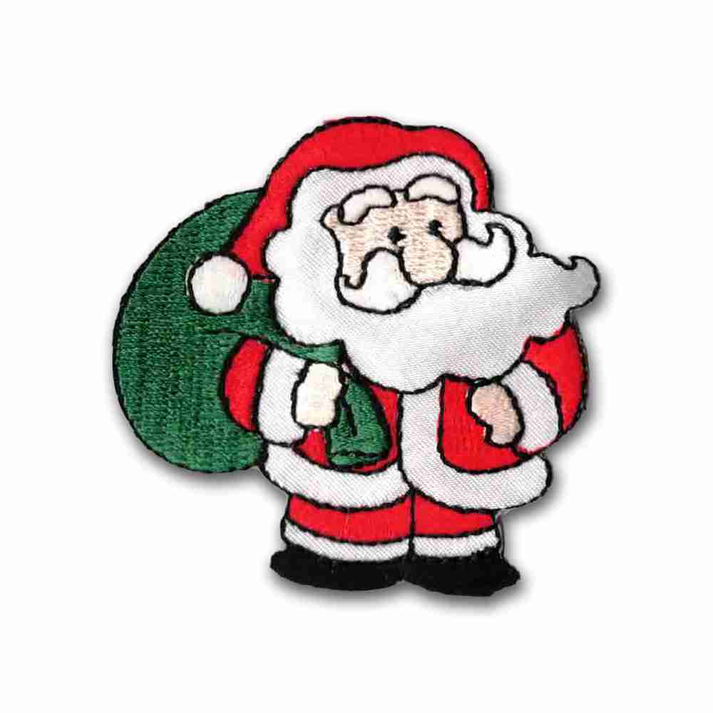 A Santa Patches (2-Pack) Christmas Embroidered Iron On Patch Appliques carrying a bag of gifts.