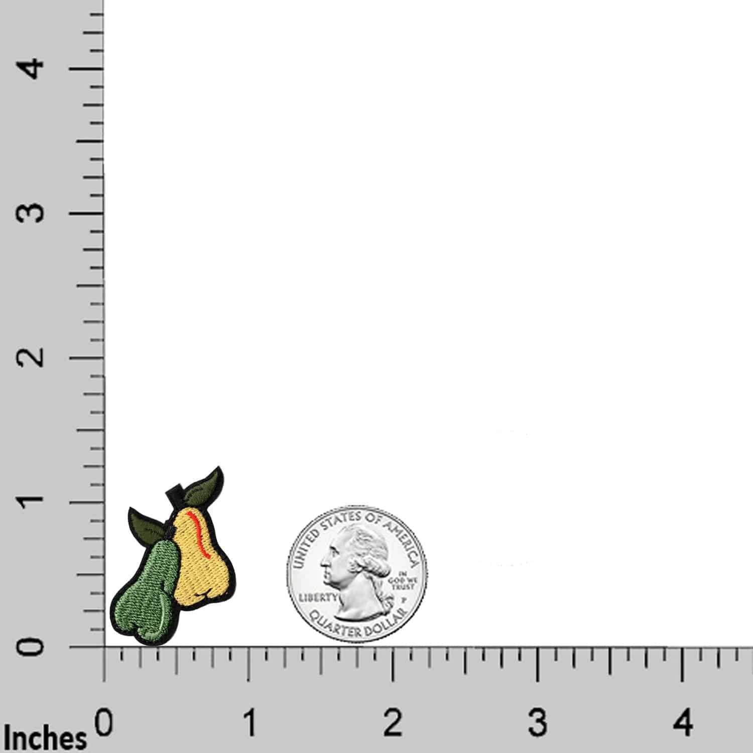A ruler with a coin next to a Pears Patches (5-Pack) Fruit Embroidered Iron on Patch Appliques.