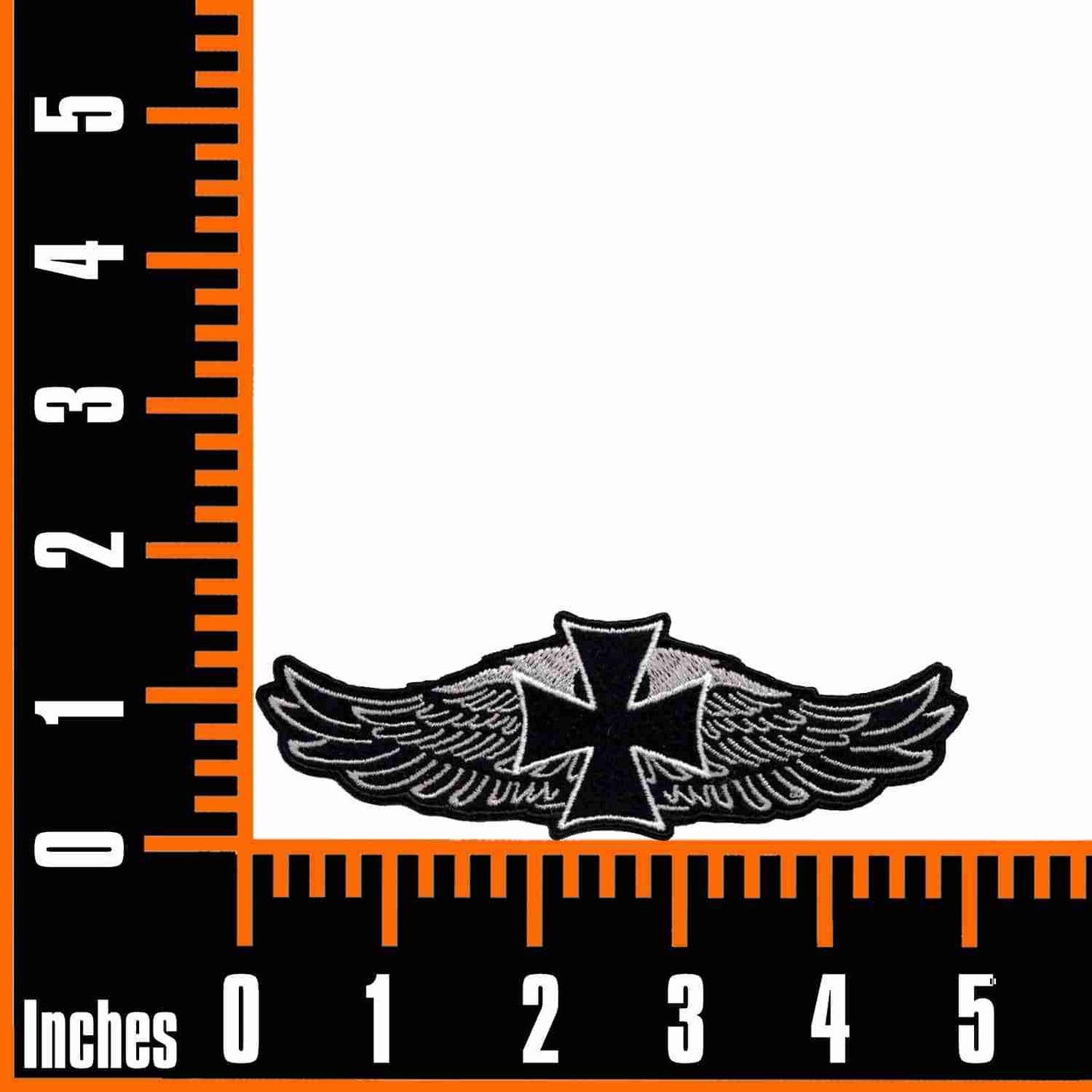 A Gothic Cross on Harley Wings Biker Iron On Patch with a black cross on it.