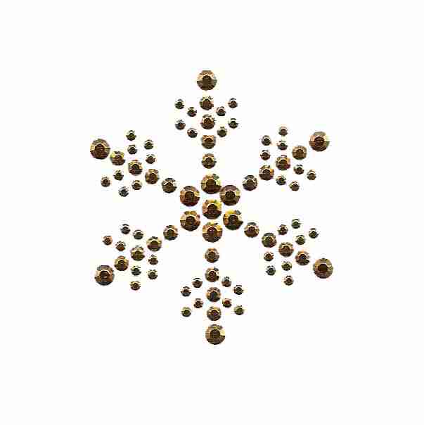 A Christmas Snowflake - Small Rhinestud Iron On Applique in GOLD made of gold beads on a white background.
