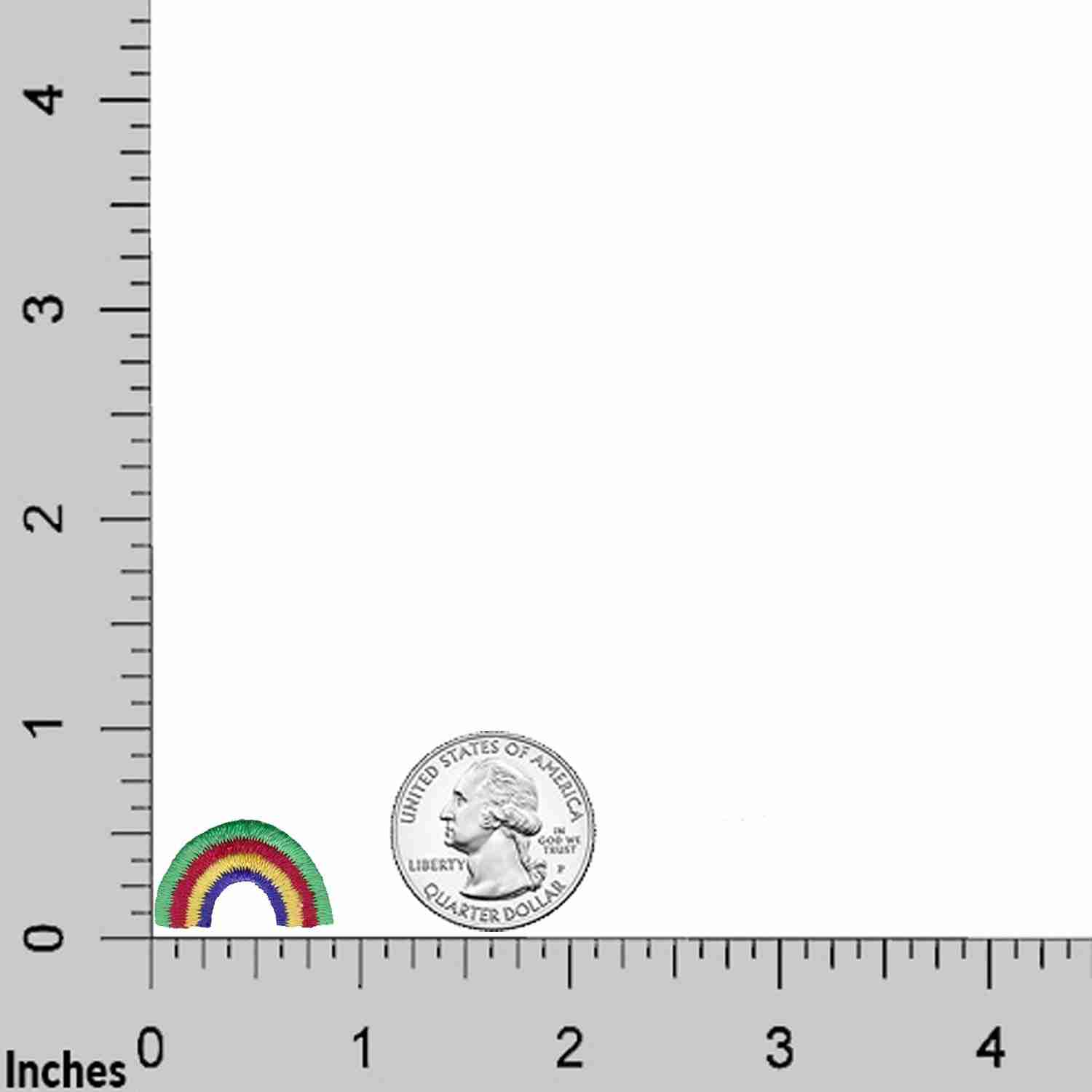 A ruler with Rainbow Patches (10-Pack) Rainbow Embroidered Iron On Patch Appliques on it and a coin next to it.