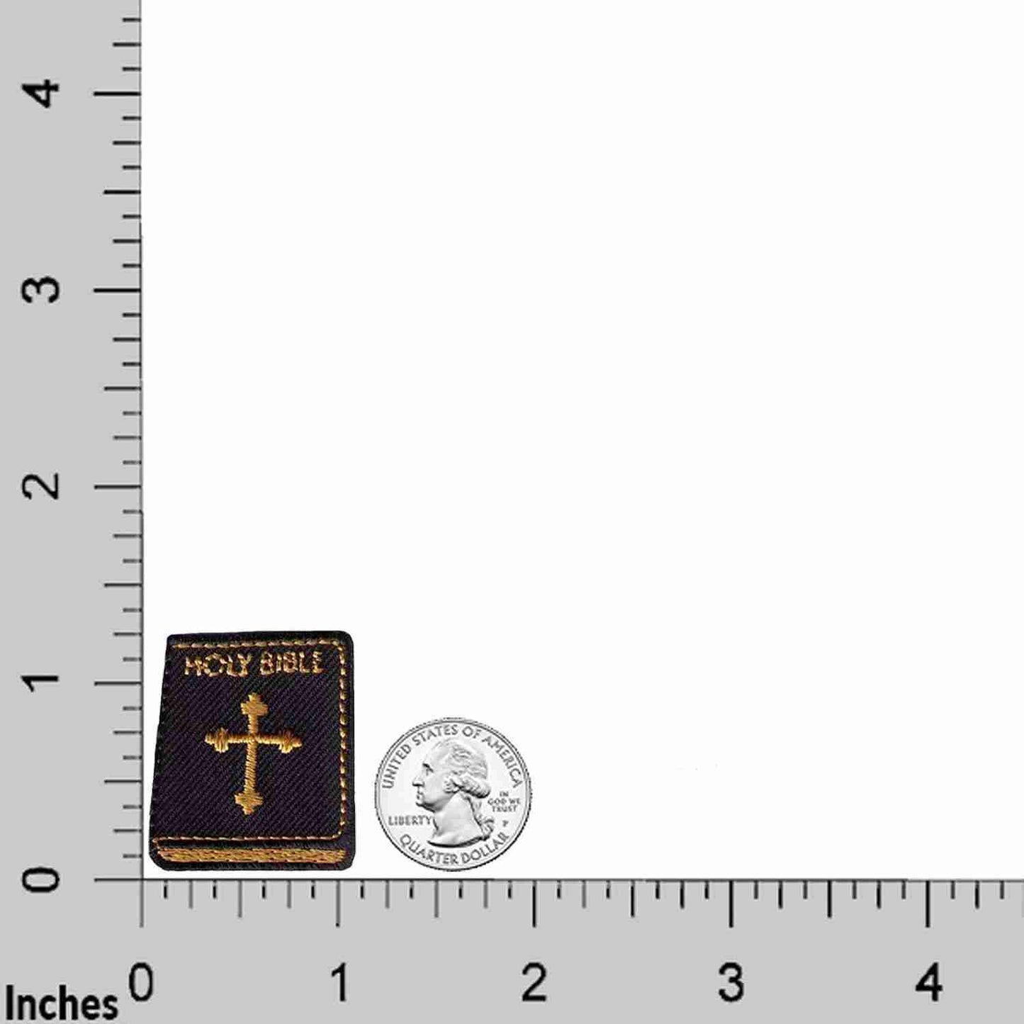 A Holy Bible Religious Iron On Patch (5 Pack) with a coin and a ruler next to it.