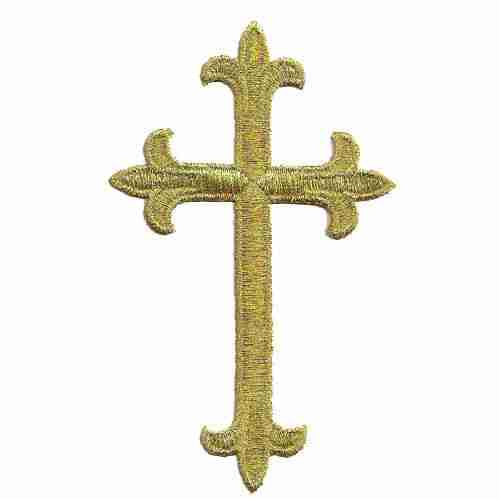 A Gold Cross Patches (2-Pack) Religious Embroidered Iron On Patch Appliques embroidered on a white background.