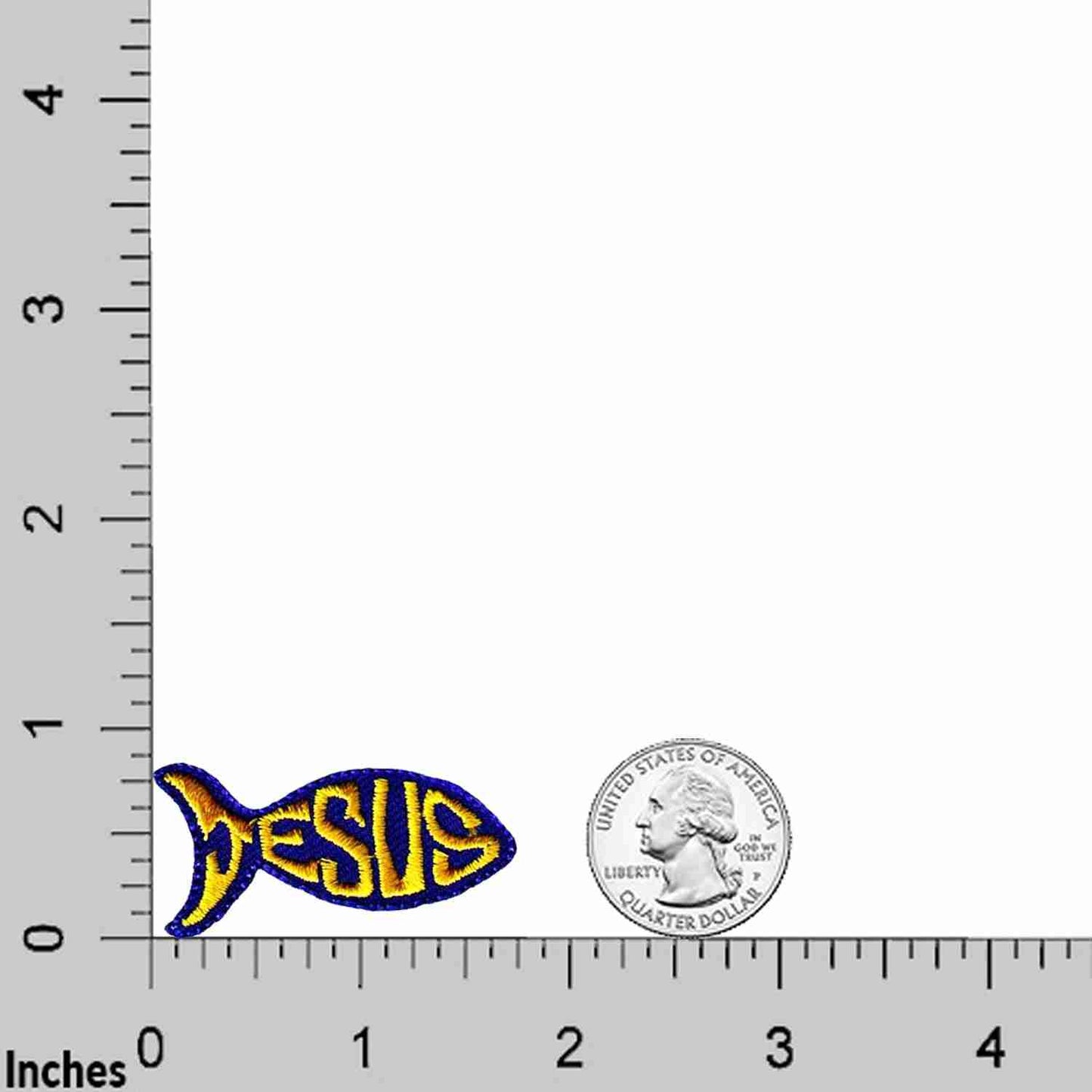 A coin with the Jesus Fish Patches (5-Pack) Religious Iron On Patch Appliques on it next to a ruler.