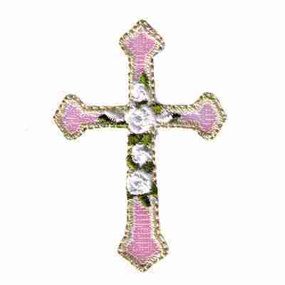 A Cross w/ Roses Patches (5-Pack) Religious Embroidered Iron On Patch Applique with white roses on it.