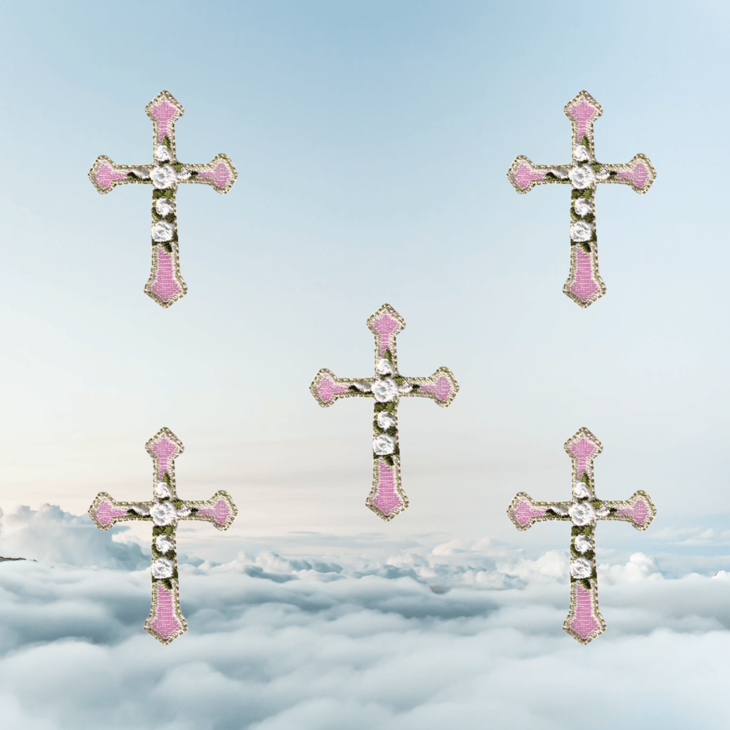 (5-Pack) Iridescent Cross w/Roses Iron On Religious Patch Applique