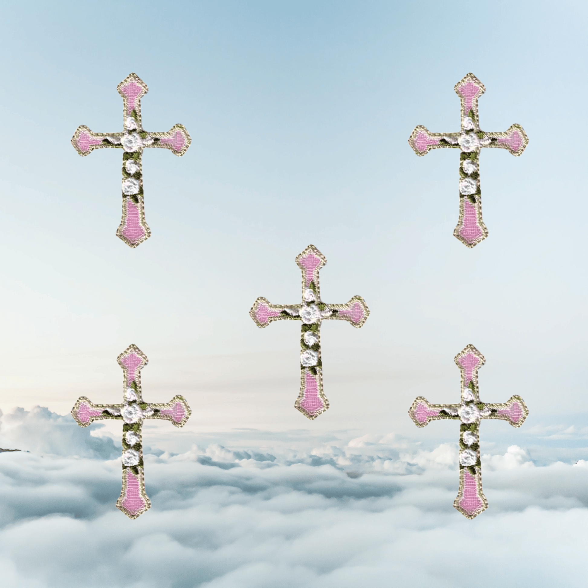 (5-Pack) Iridescent Cross w/Roses Iron On Religious Patch Applique