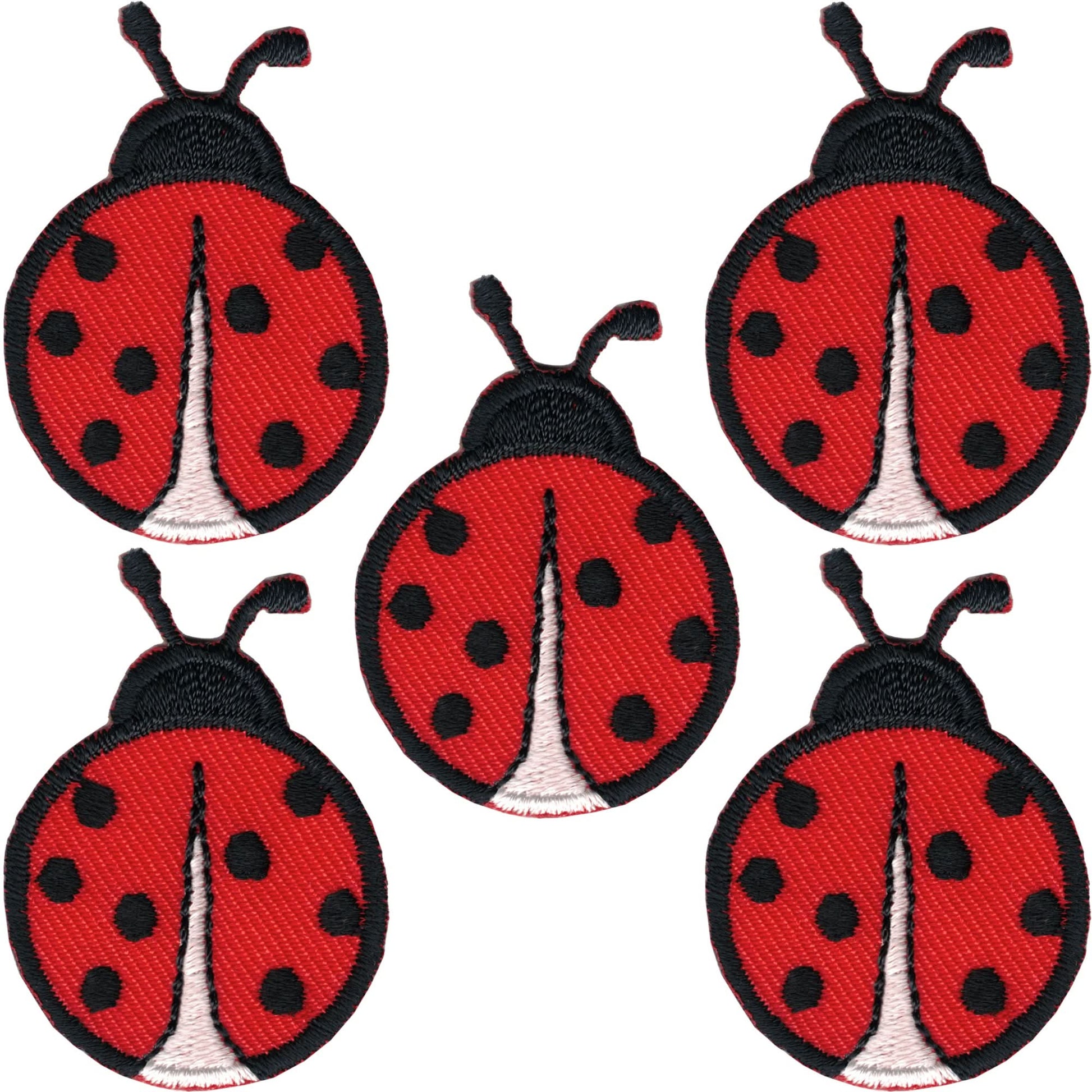Five Small Ladybug Patches (5-Pack) by Laughing Lizards are embroidered in red and black, arranged charmingly on a white background. Perfect iron-on insect appliques for adding a cute touch to your items.