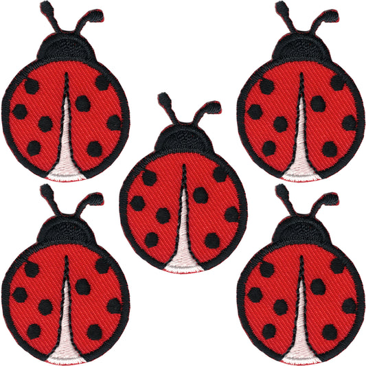 Five Small Ladybug Patches (5-Pack) by Laughing Lizards are embroidered in red and black, arranged charmingly on a white background. Perfect iron-on insect appliques for adding a cute touch to your items.