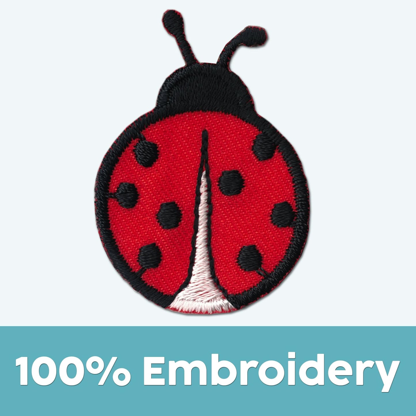 Laughing Lizards Small Ladybug Patches (5-Pack) feature iron-on red ladybug appliques with black spots and "100% Embroidery" on blue—perfect for personalizing clothes, bags, or accessories.