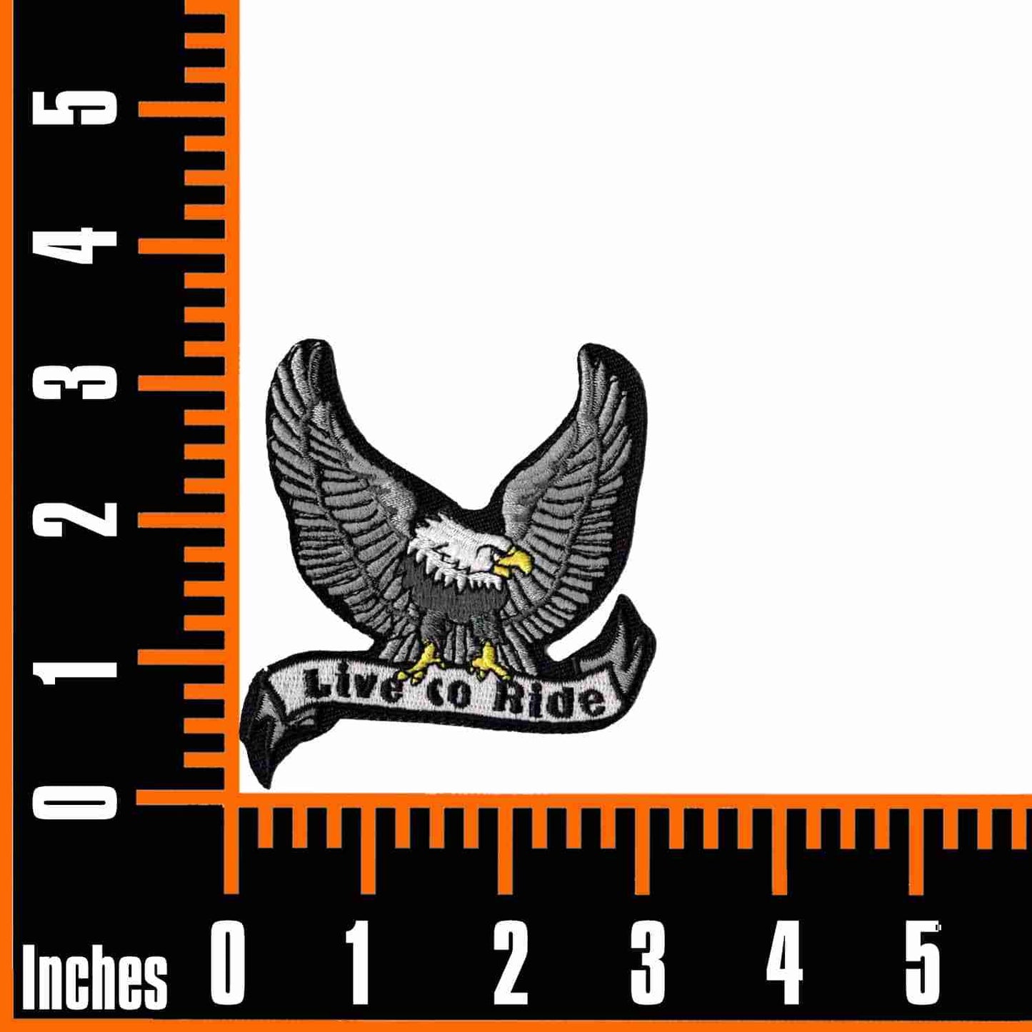 A ruler with Hell on Wheels in BROWN Biker Iron On Patch on it.