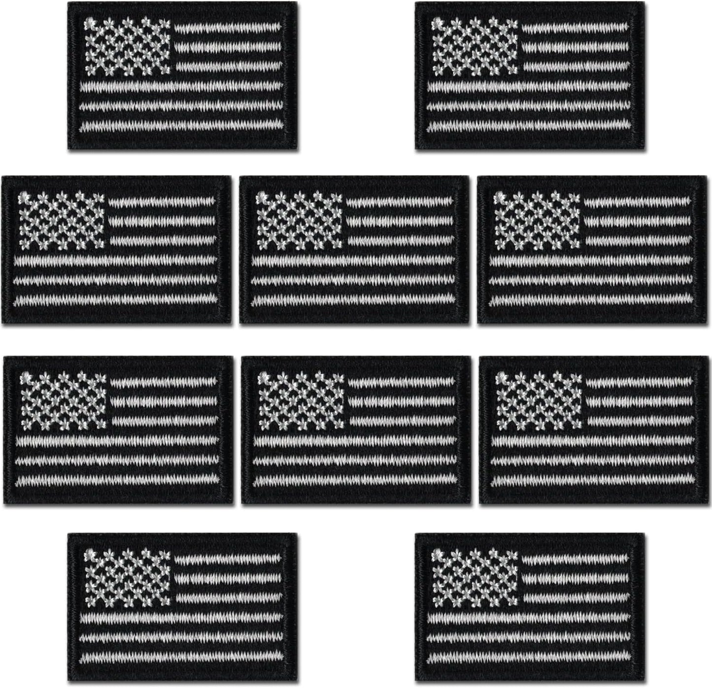 Ten Laughing Lizards Small American Flag Patches (1"x1.5" embroidered, 10-pack) are displayed on a white background, showcasing their bold patriotic USA flag design.