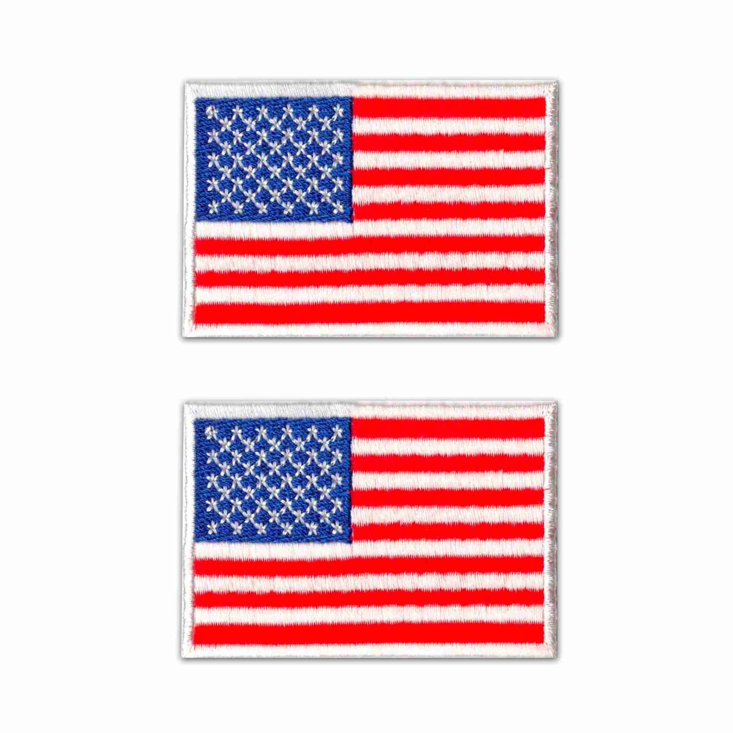 Two USA Flag Patches (2-Pack) American Flag Embroidered Iron On Patch Appliques on a white background.