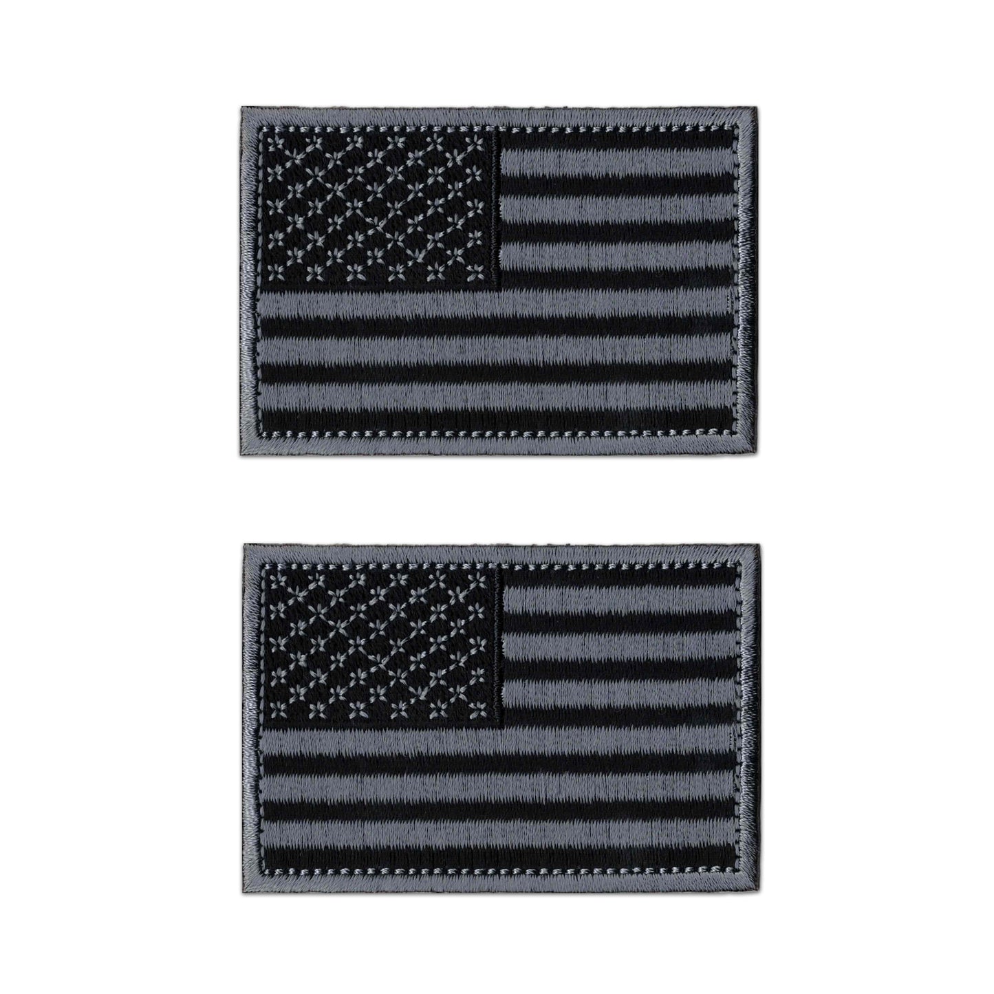 The LaughingLizards USA Flag Patches (2-Pack) features black and gray embroidered American flags with stars in the top left—perfect iron-on appliques for DIY craft projects.