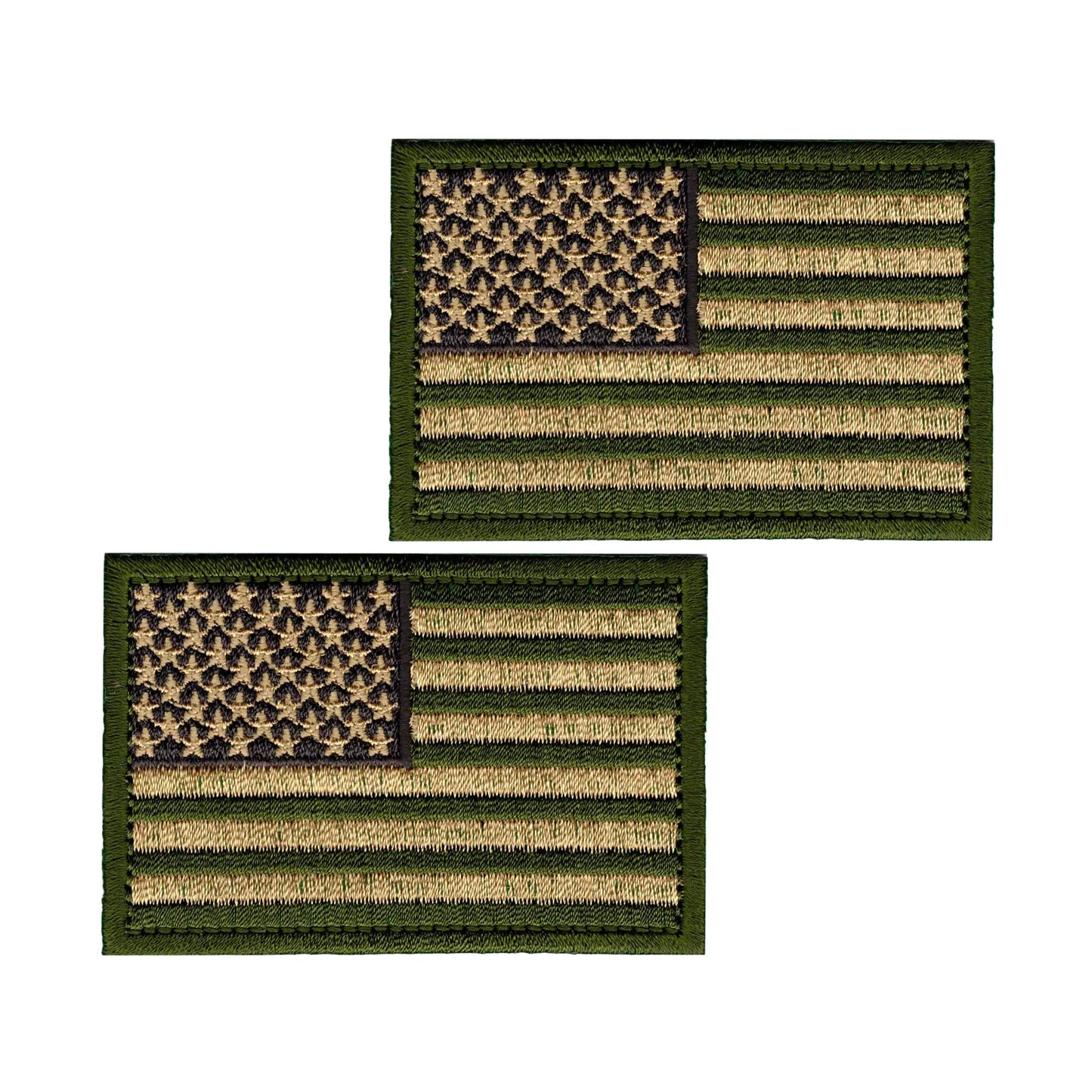 LaughingLizards USA Flag Patches (2-Pack) feature embroidered American flags in green and tan with green borders. Ideal as iron-on appliques for DIY crafts or personalizing your gear with a patriotic flair.