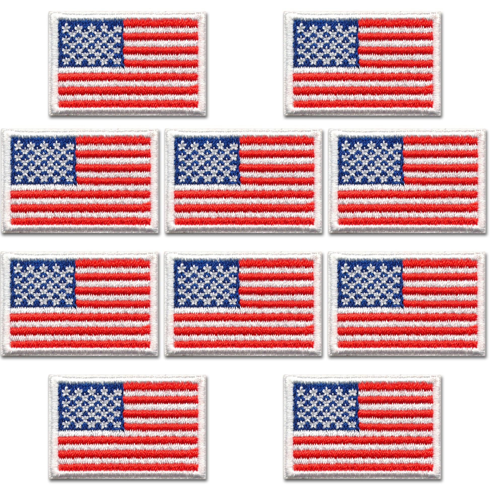 Ten Laughing Lizards Small American Flag Patches (10-Pack), each 1"x1.5", are arranged in a grid on a white background, highlighting their classic patriotic embroidered iron-on style.
