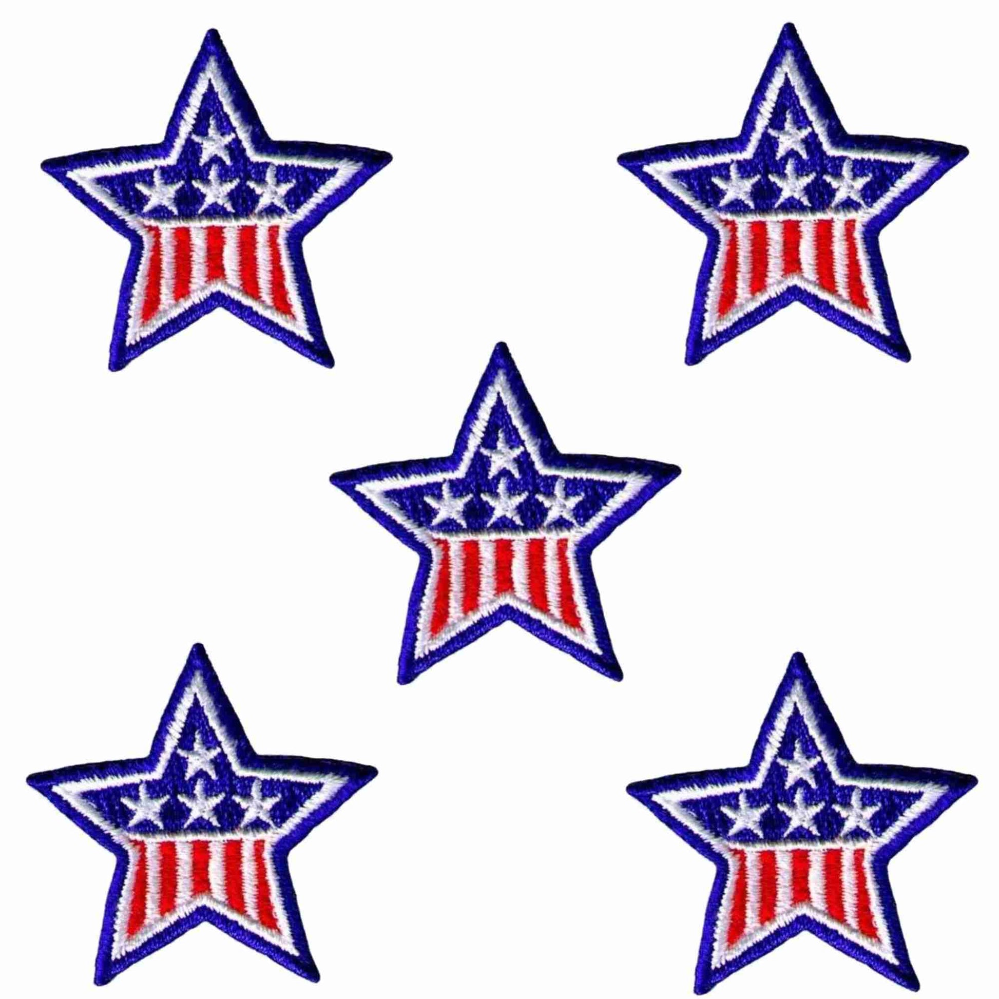 Four 1.75 Inch American Flag Style Iron On Star Patches (5-Pack) with american flags on them.
