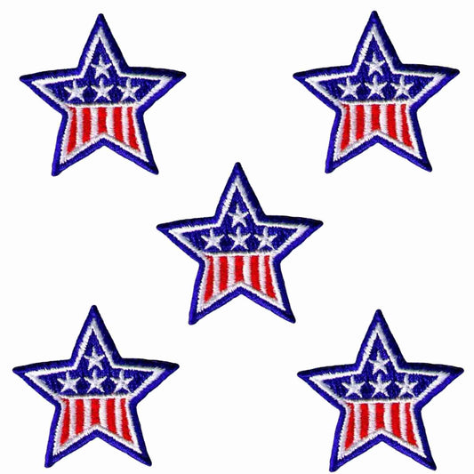 Four 1.75 Inch American Flag Style Iron On Star Patches (5-Pack) with american flags on them.