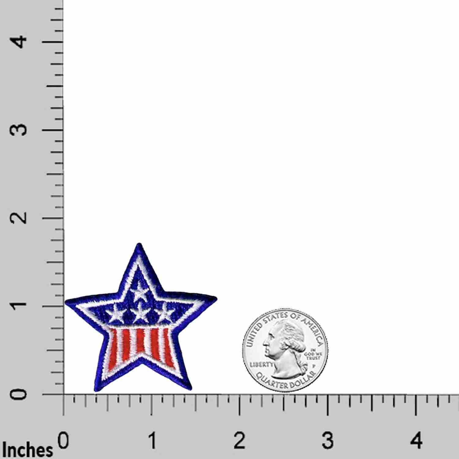 A 1.75 Inch American Flag Style Iron On Star Patch (5-Pack) next to a ruler.