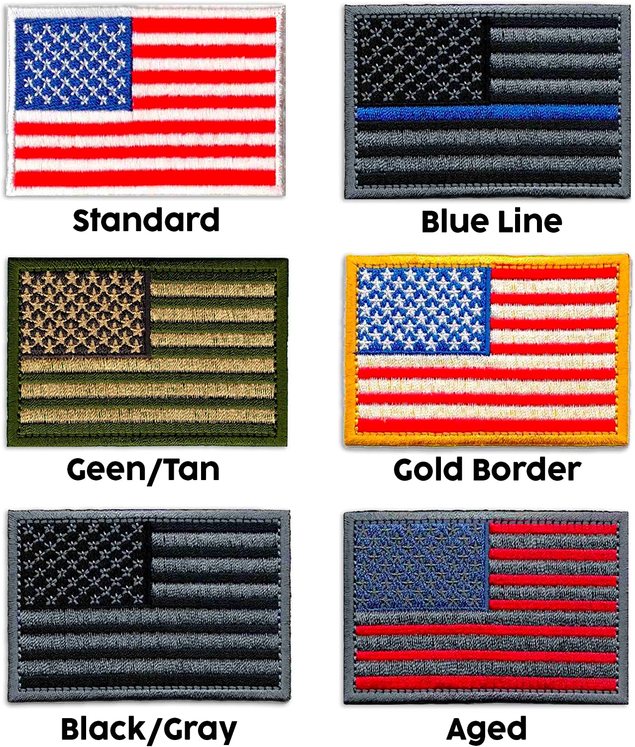 LaughingLizards USA Flag Patches (2-Pack) features American Flag embroidered iron-on appliques in multiple color schemes—standard, blue line, green/tan, gold border, black/gray, and aged—great for DIY crafts or unique displays.