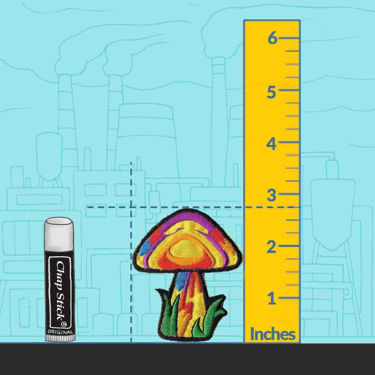 An image of a Magic Mushroom (2-Pack) Iron On Patch with a ruler next to it.