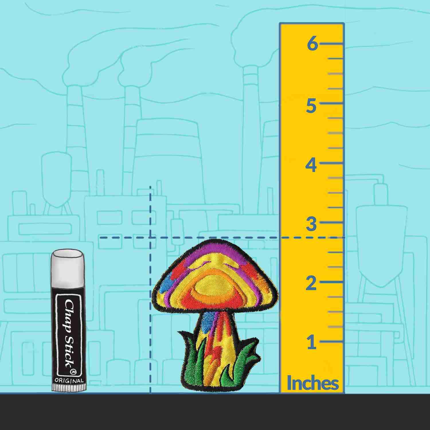 An image of a Magic Mushroom (2-Pack) Iron On Patch with a ruler next to it.