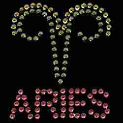Aries Zodiac Sign Rhinestud Iron On Applique in rhinestones on a black background.