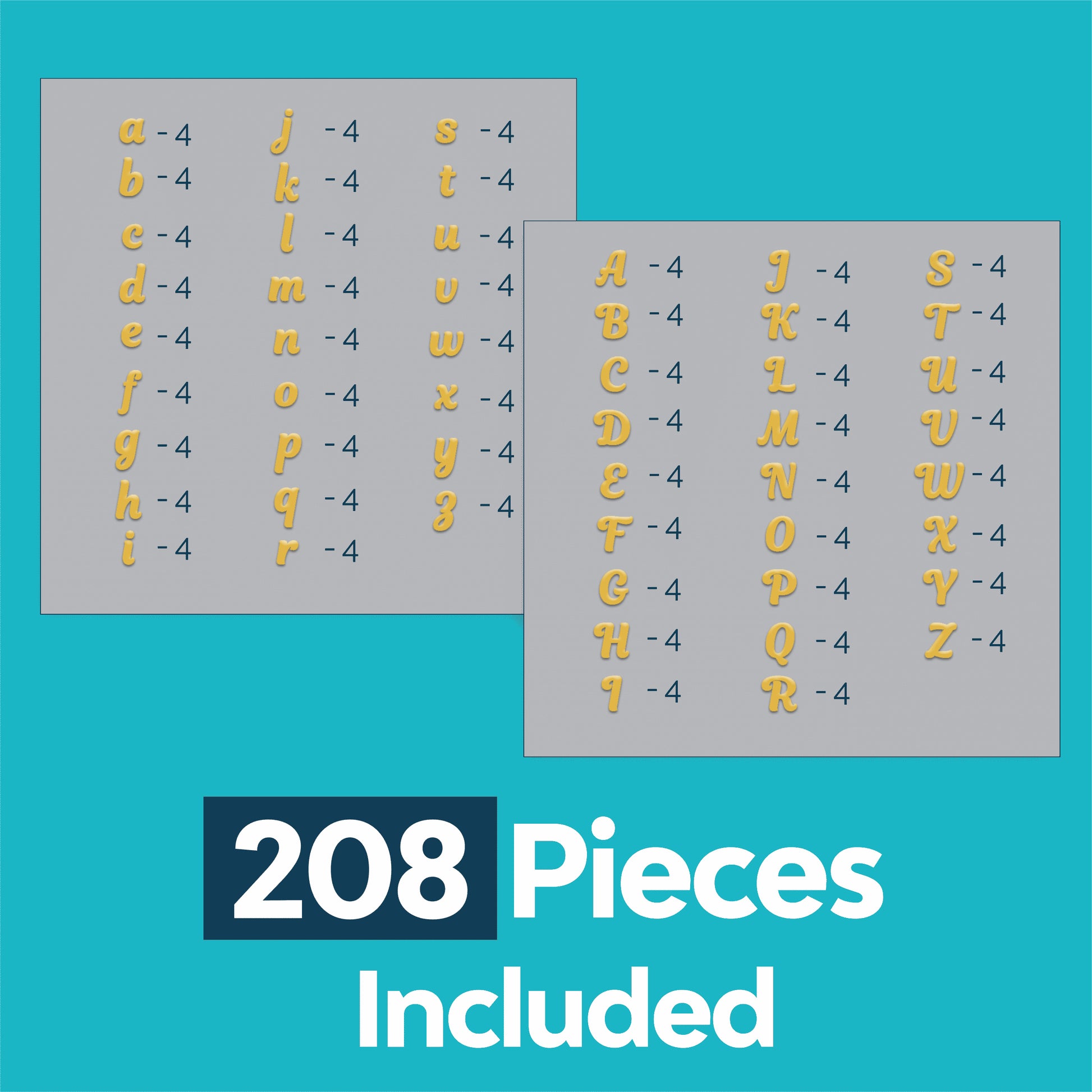 The Laughing Lizards Cursive White Transfer Alphabet Kit shows two charts of eight lowercase and eight uppercase cursive monogram letters for stylish clothing personalization. Text below reads "208 Pieces Included" on a teal background.