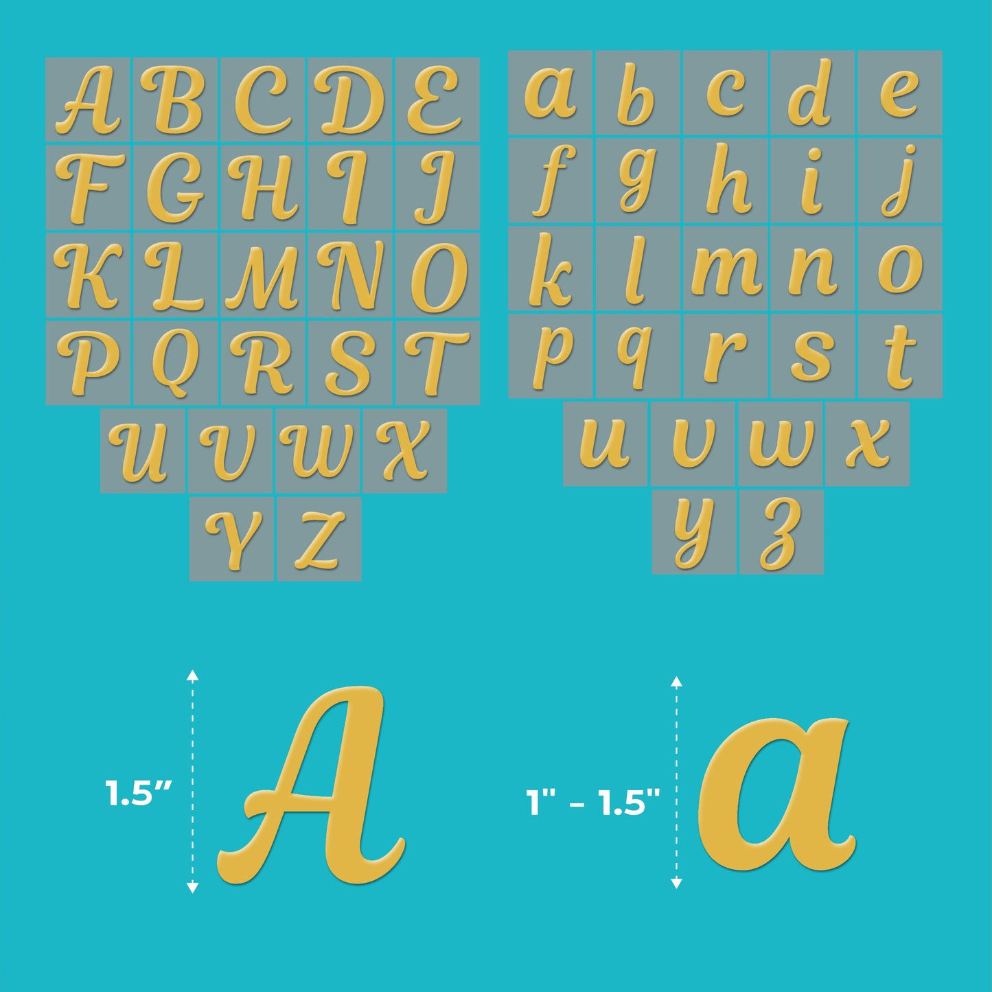 The Laughing Lizards Cursive White Transfer Alphabet Kit showcases upper and lowercase monogram letters in white, with "A" and "a" examples labeled by height—perfect for personalizing clothing with 208 iron-on letters.