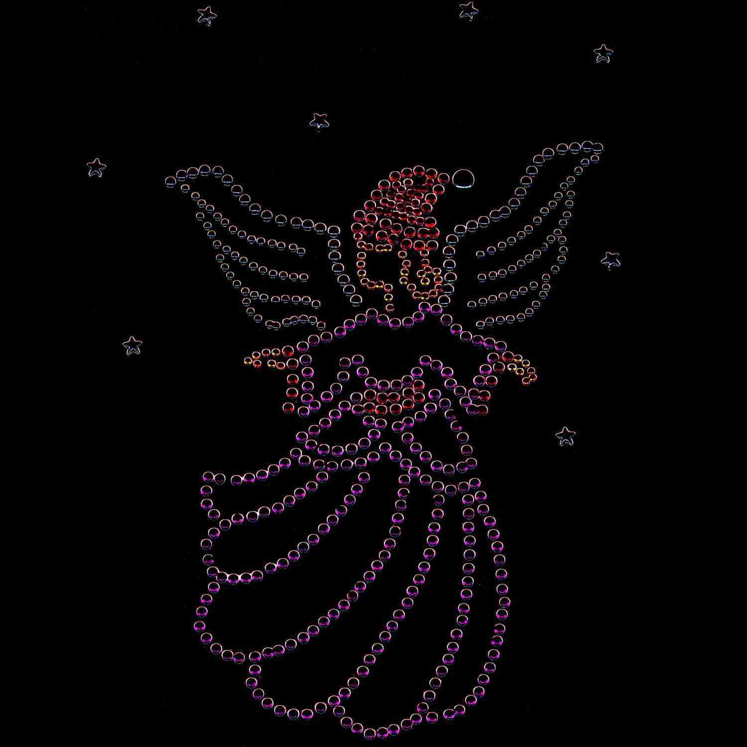 A Christmas Angel Red Hat Style Rhinestud Iron on Applique with stars on a black background.