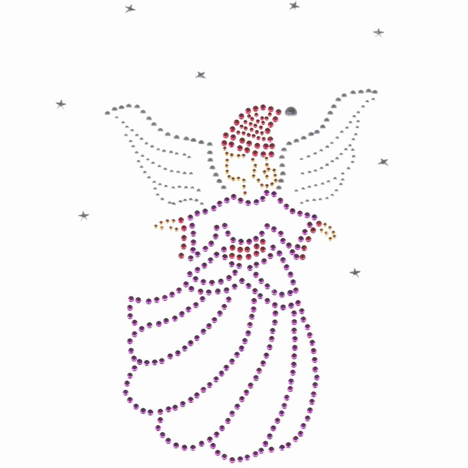 A Christmas Angel Red Hat Style Rhinestud Iron on Applique on a white background.